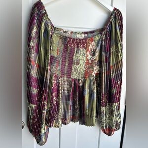 Anthropologie Let Me Be size 8 Plisse Smocked Bohemian Patchwork Blouse Boho